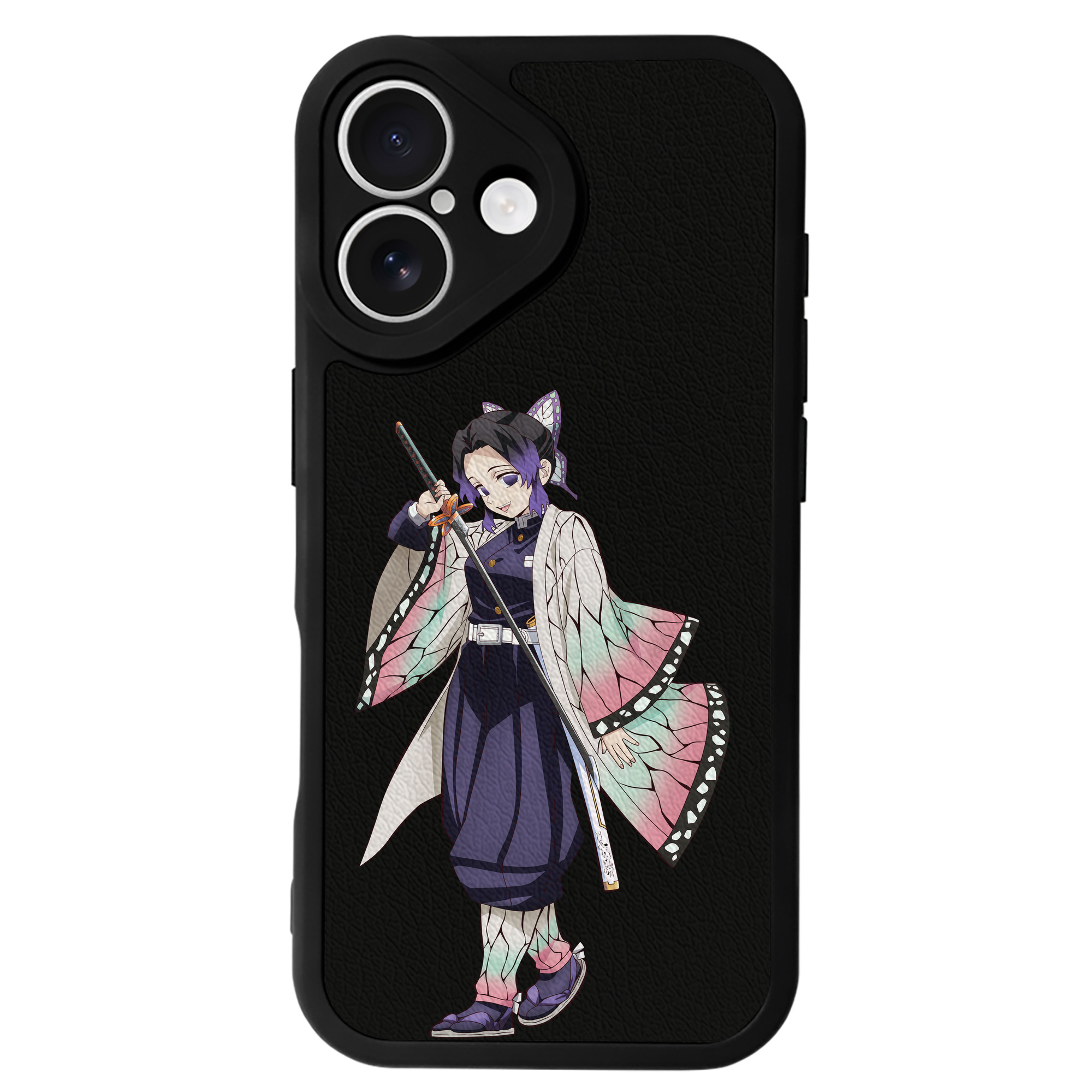 （画像用） 鬼滅の刃（きめつのやいば）蟲柱-胡蝶 しのぶ／こちょう しのぶ Kochou Shinobu 【iPhone 16シリーズ対応】シリコンスマホケース（レザー調） 材質：シリコン